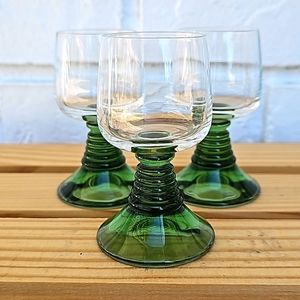 3 Vintage Green Depression Glass Ribbed Beehive Stem Cordial or Shot Glasses